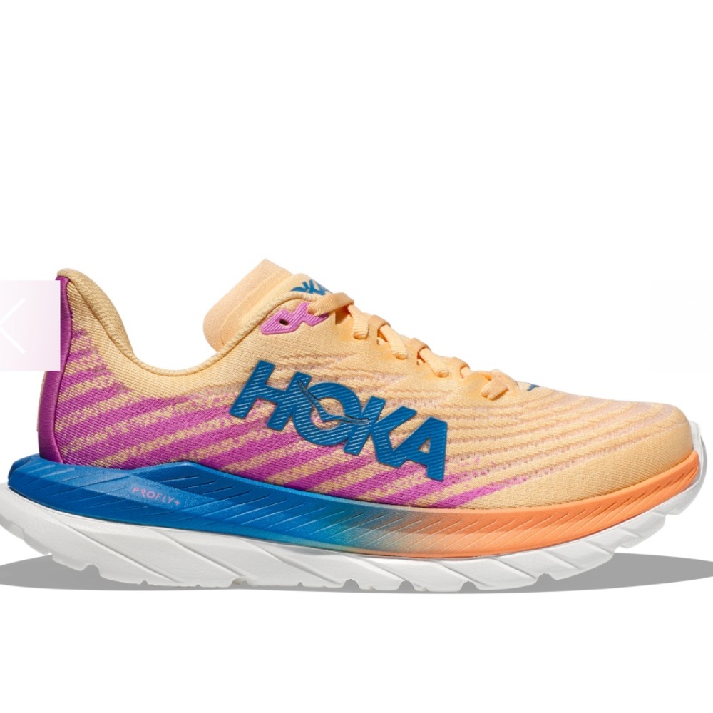 Hoka Mach 5 Running Shoes in Orange, Pink, & Blue